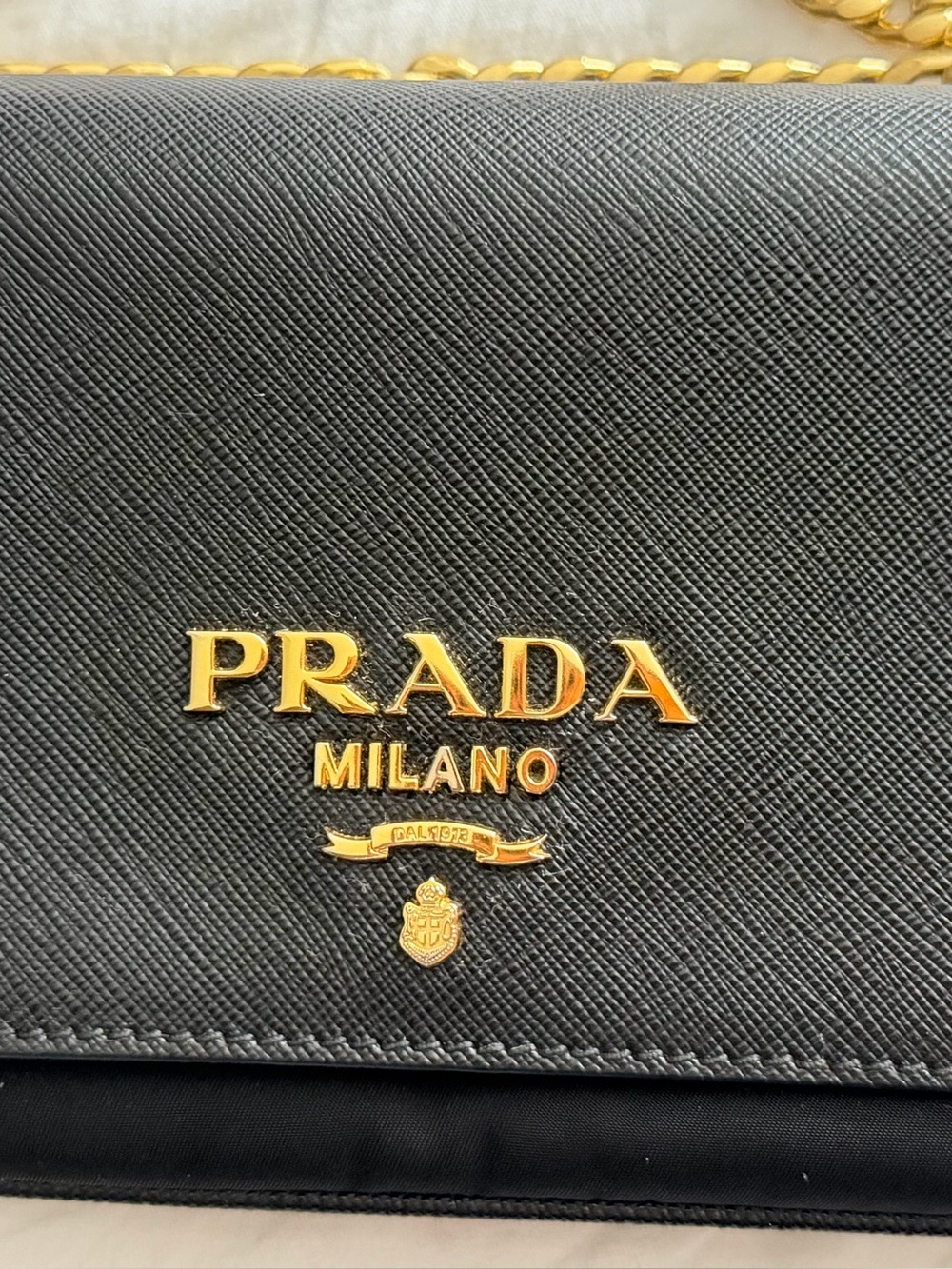 Prada Black Saffiano Leather Messenger Bag with Gold Hardware
